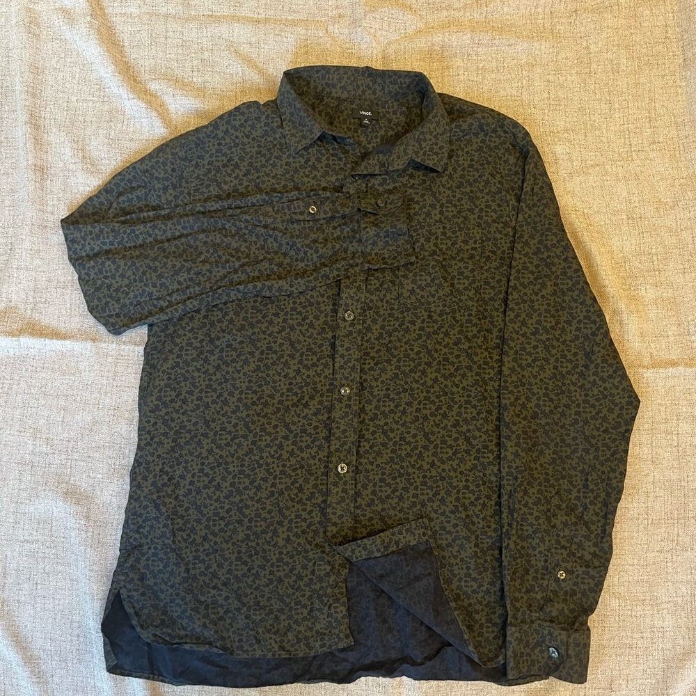 Vince Floral Green Navy Cotton Long Sleeve Button-Up Shirt Men's Size M